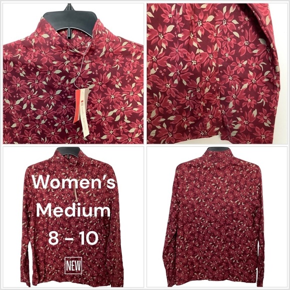 Croft & Barrow Medium 8 - 10 Mockneck Shirt Flowers Wine Tan Long Sleeve NWT - Picture 1 of 9